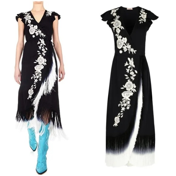 VENUS Black w/ White Embroidered Floral Asymmetric Fringe Wrap Midi Dress Size 8 - Picture 1 of 11